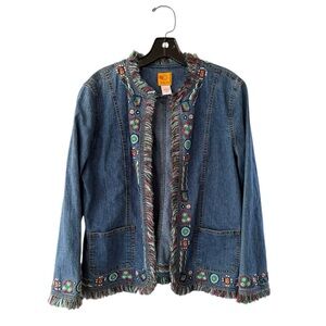 Ruby Rd Boho Embroidered Denim Fringe Jacket Blue Jean Embellished Western Med